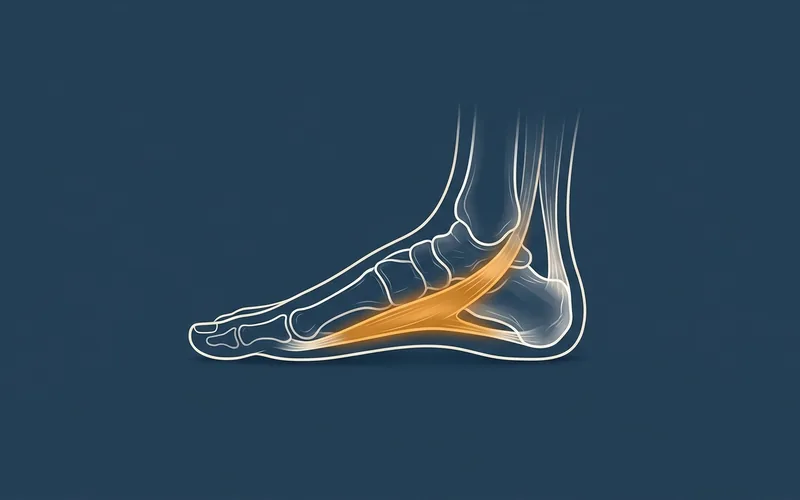 Anatomical illustration of a foot in profile with the plantar fascia highlighted from the heel to the toes