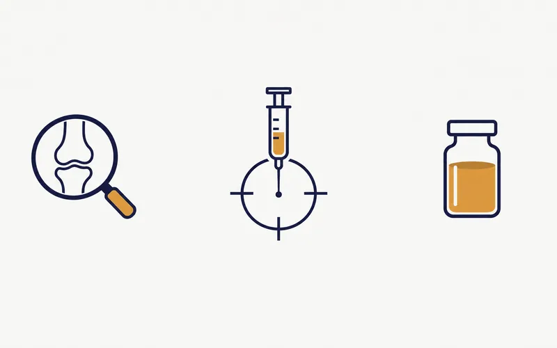 Three icons showing what to check after a failed PRP injection (a magnifying glass over a joint, a syringe needle on the center of a crosshair, and a vial of golden PRP)