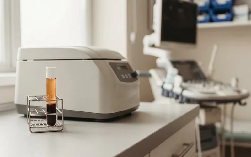 Benchtop centrifuge on a clinic counter beside a blood tube showing separated golden plasma layers