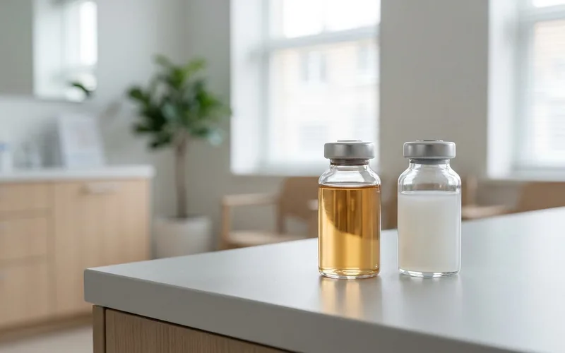Two glass medical vials side by side on a clinic counter, amber-gold platelet-rich plasma beside a white corticosteroid suspension