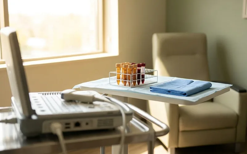 Outpatient procedure room with an ultrasound machine and a sterile tray of bone marrow concentrate specimen tubes