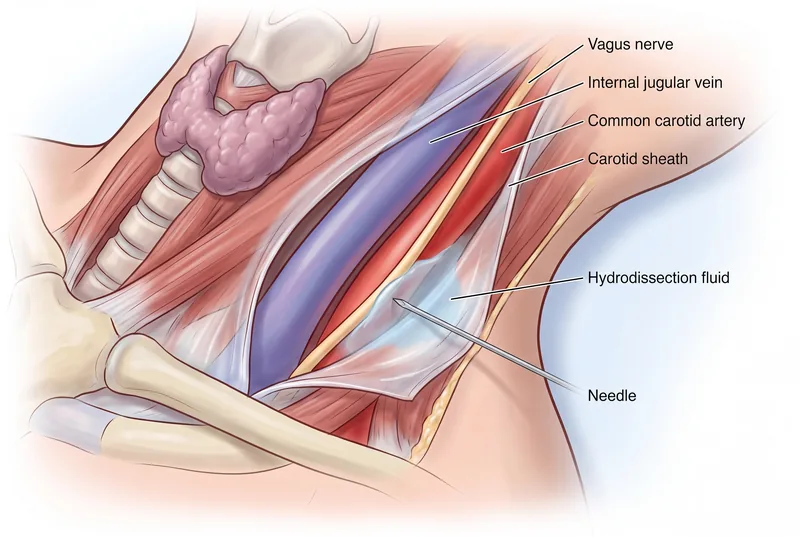 Medical illustration of the opened carotid sheath in the neck showing the vagus nerve, internal jugular vein, and common carotid artery, with a fine needle placing hydrodissection fluid in the plane around the vagus nerve rather than inside it.