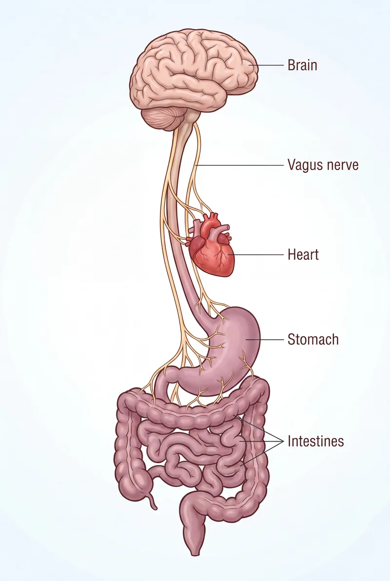 Medical illustration of the vagus nerve pathway descending from the brain and brainstem to the heart, stomach, and intestines, shown without a body outline so the nerve and the organs it connects are the focus.